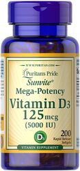 Витамин Д3 Puritans Pride Vitamin D3 125 mcg5000 IU. 200 капсул.