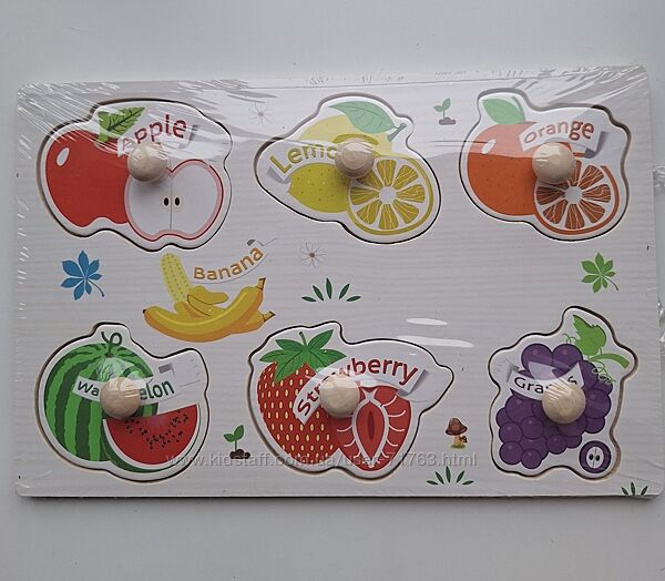 Дерев´яна рамка вкладиш сортер з ручками Фрукти англійською