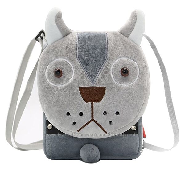 Детская мини сумочка Волк для телефона на плечо серая мягкая плюш качество