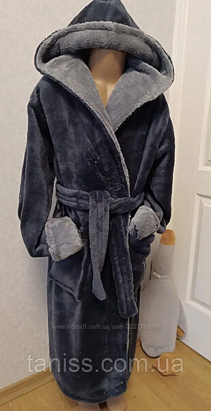 Теплий дитячий халат, на запах, з капюшоном р. 10-12 сірий із сірим 
