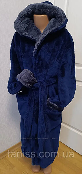 Теплий дитячий халат, на запах, з капюшоном р. 8-10,10-12, 12-14 синій 