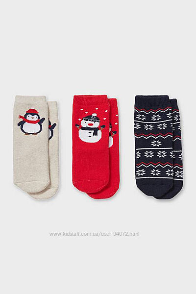 C&A Комплект з 3 пар махрових різдвяних шкарпеток 21-26 розмір