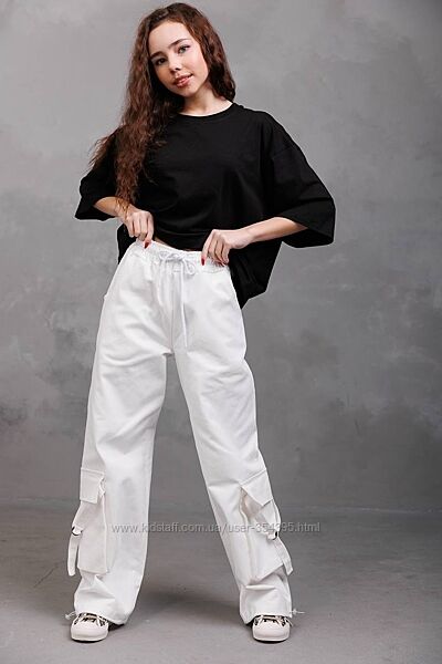 Котонові штани карго для дівчинки 134-164 білий, чорний 