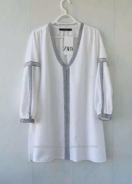 Удлиненная блуза, туника zara, вышивка, хлопок 