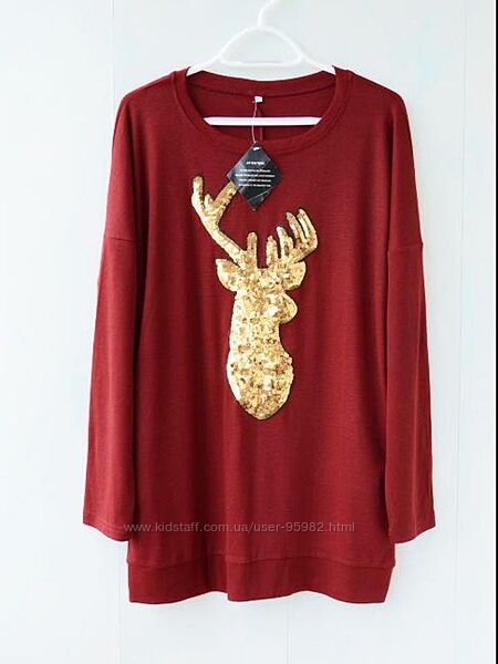 Удлиненный лонгслив с оленем, пайетки