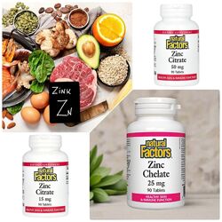     Natural Factors, Цитрат та хелат цинку, 15 мг, 25 мг та 50 мг