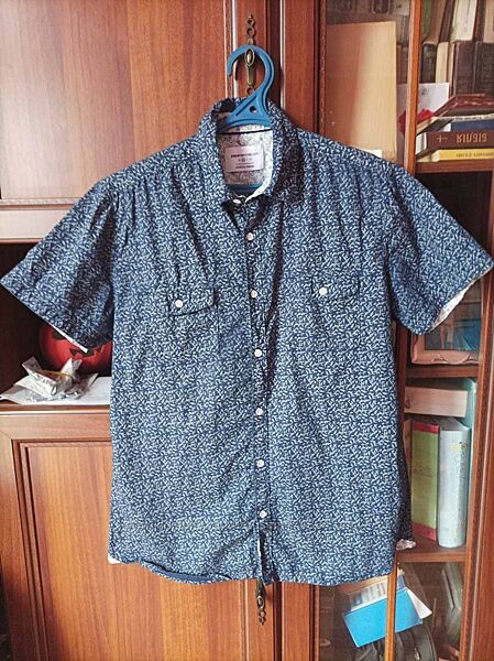 Синяя котоновая индийская рубашка на короткий рукав paper размер м