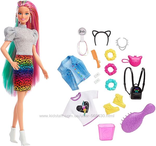 Кукла Барби Радужно-леопардовые волосы.