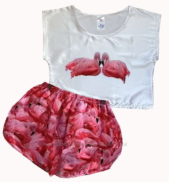 Шелковая пижама с шортами фламинго M-L