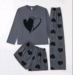 Женская пижама тройка кофта с шортами и штанами сердечки L-2XL