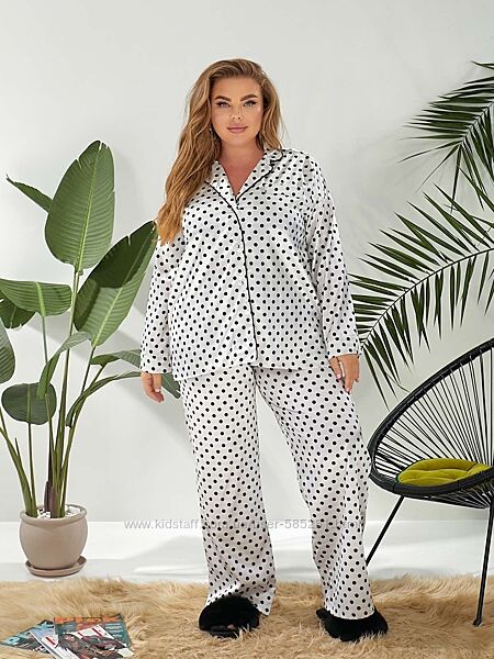 шелковая пижама рубашка с штанами горошек 44-56р 3 цвета