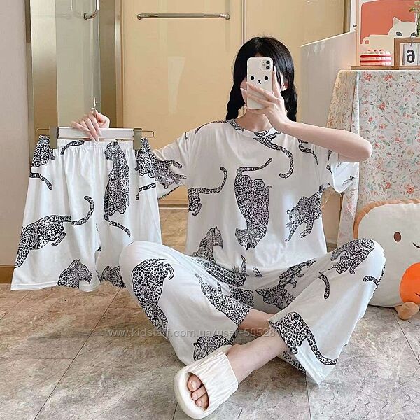 Женская пижама тройка футболка с шортами и штанами 46-54р