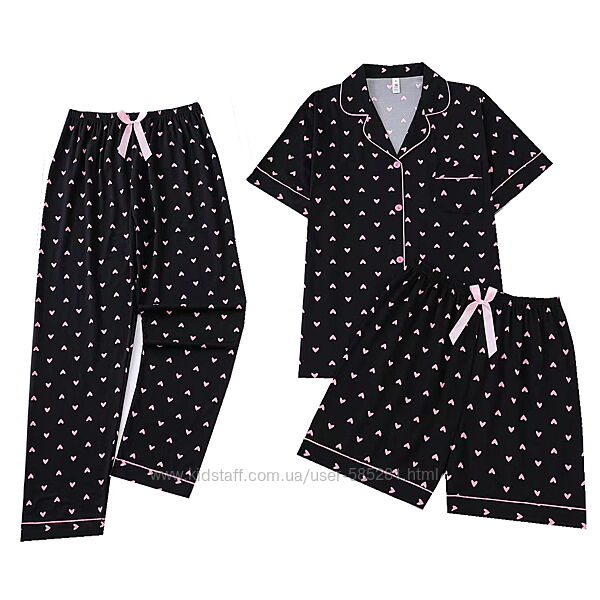 Женская пижама тройка рубашка с шортами и штанами сердечки S-XL разные