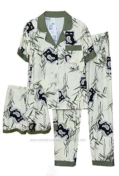 Женская пижама тройка рубашка с шортами и штанами S-XL