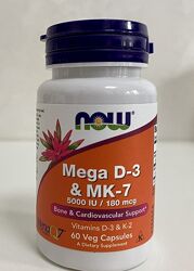 NOW Foods, Mega з вітамінами D3 та MK7, 180 мкг 5000 МО, 60шт