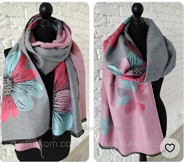 Женский палантин двусторонний с цветами. шолк/шерсть 50/50