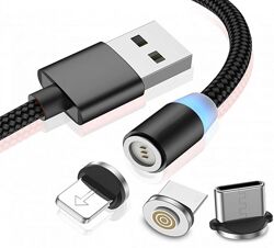 3 в 1 Магнитный кабель USB - Lightning для Apple, Micro Usb, Type-C с подсв