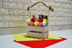 Тюльпаны из мыла ручной работы в деревянной корзинке к 8 марта