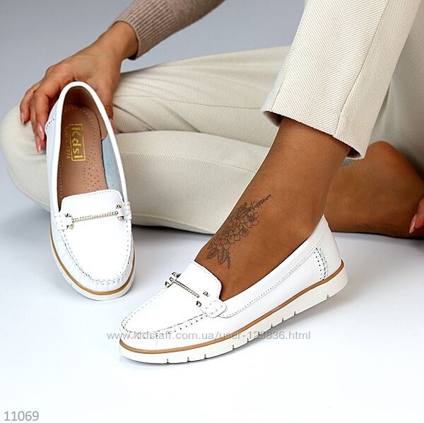 Женские туфли мокасины белого цвета, натуральная кожа
