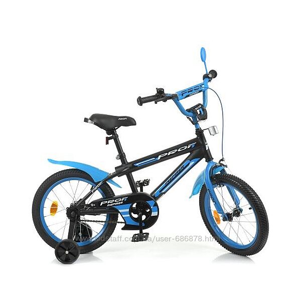 Велосипед дитячий 16 дюймів Inspirer, SKD45, чорно-синьо-матовий, ліхтар, дзвінок, дзеркало, додатко