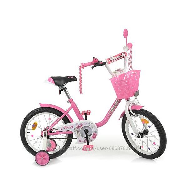 Велосипед дитячий 16 дюймів Ballerina, SKD75, рожевий, ліхтар, дзвінок, дзеркало, додаткові колеса P