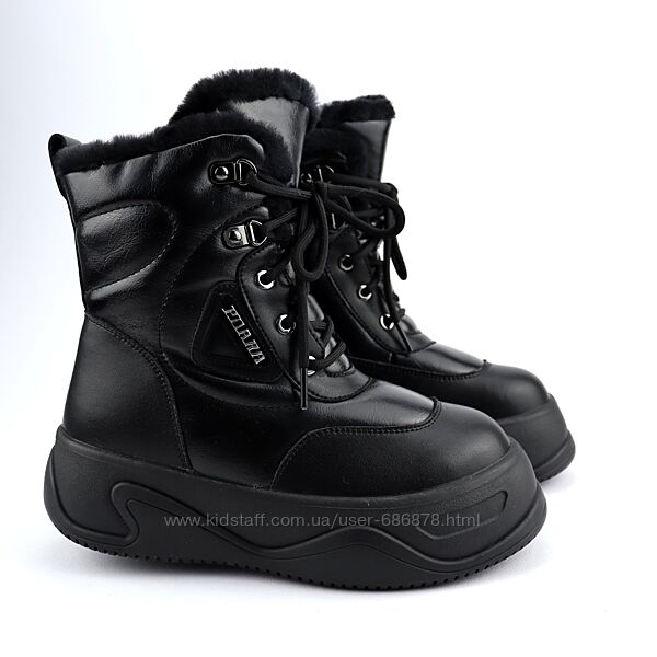 Зимові шкіряні черевики для дівчинки чорні тм Bi&Ki