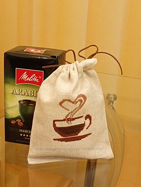  Еко-торбинка з вишивкою ручної роботи Горнятко кави, Чашка чаю, декор