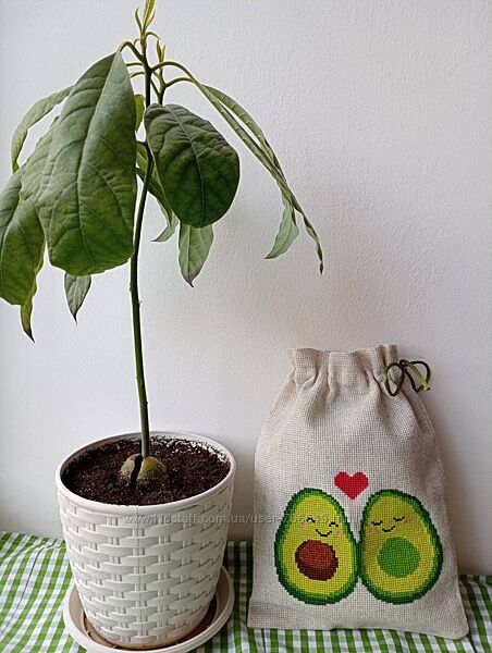 Еко-торбинка з вишивкою хрестиком ручної роботи Сімейка авокадо, подарунок