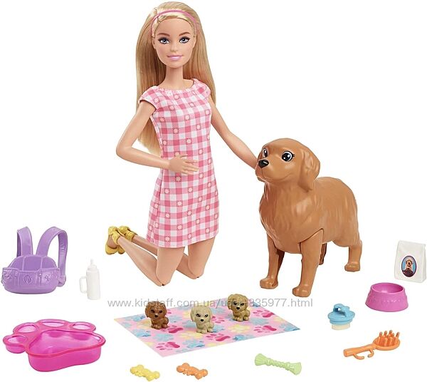 Лялька Barbie Doll and Pets, Blonde Doll with Mommy Dog, 3 Newborn Puppies