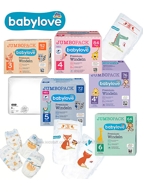 Дитячі підгузки Premium BabyLove Jumbo pack. 3-92. 4-84. 4плюс-76. 5-72