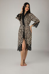 Жіночий сатиновий леопардовий халат з мереживом Nusa 