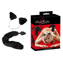 Комплект для секса Черная Кошечка Анальная пробка с хвостиком и ушки Bad Kitty