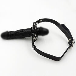 Кляп с фаллосом двусторонний страпон на голову с замком 18 см, Strap-on для лица