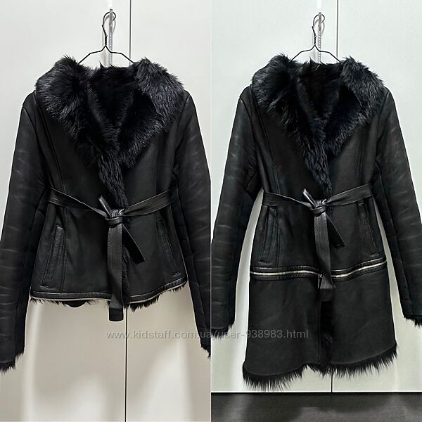  Черная теплая натуральная кожаная дубленка с поясом трансформер 2 в 1
