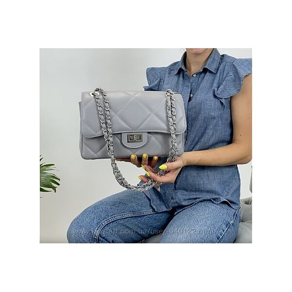 Серая женская кожаная Итальянская сумка клатч через плечо кроссбоди Шанель 