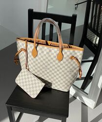 велика сумка шоппер жіноча Louis Vuitton Neverfull Grey сумочка в клітинку 