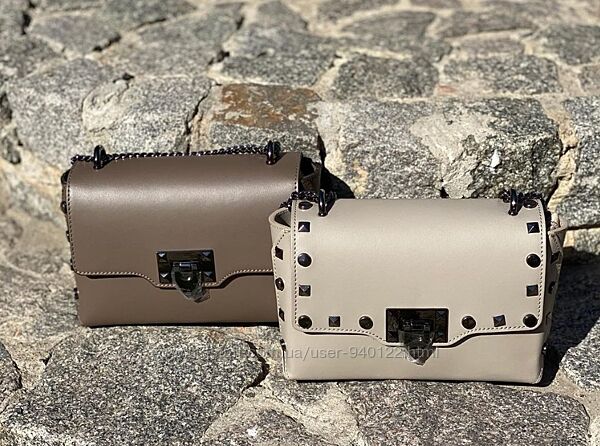 Маленькая кожаная сумка через плечо женская Итальянская сумочка клатч пудра