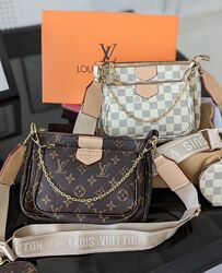 сумка клатч кросбоди брендова жіноча з широким ремнем Louis Vuitton 3в1 беж