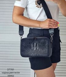 Маленькая черная замшевая сумка рептилия модная кроссбоди широкий ремень