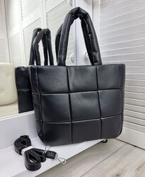 сумка женская черная большая стеганный шоппер в екокоже вместительная А4