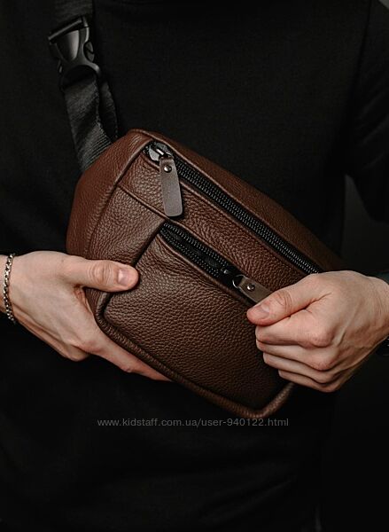 Шкіряна бананка чоловіча через плече пояска сумка коричнева 