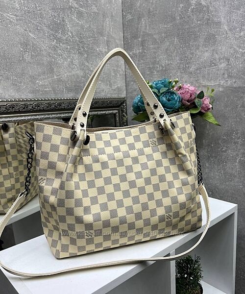 жіноча сумка через плече Луї Вітон бежева базова дві ручки клітинка 