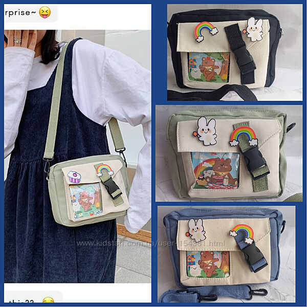 Сумка зі значками в стилі аніме, k-pop зелена, чорна, блакитна