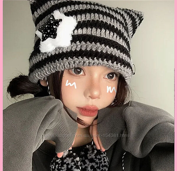 Шапка біні вушка - сіра, у смужку