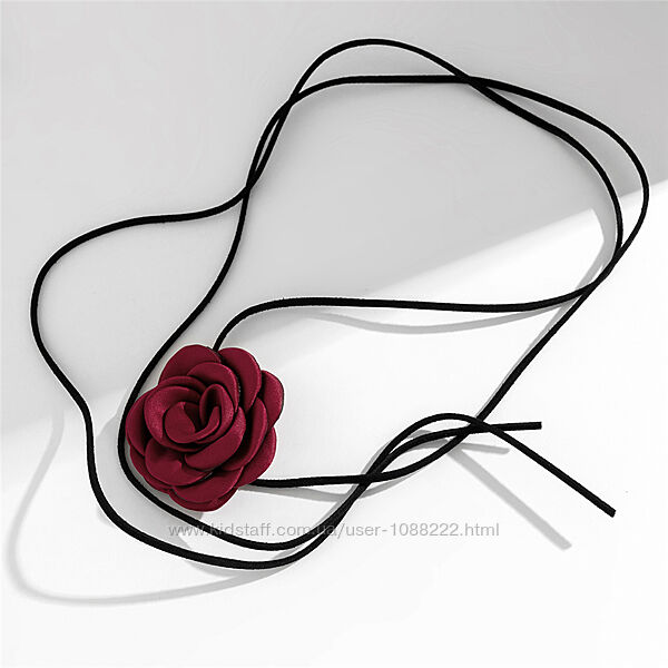 Чокер замшевий з квіткою червоний, чокер мотузка квітка троянда