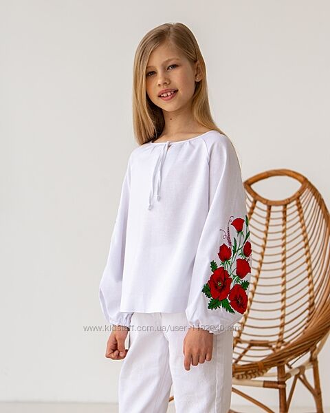Блузка школьная нарядная для девочек, вышиванка BrilliAnt Размеры 116- 134