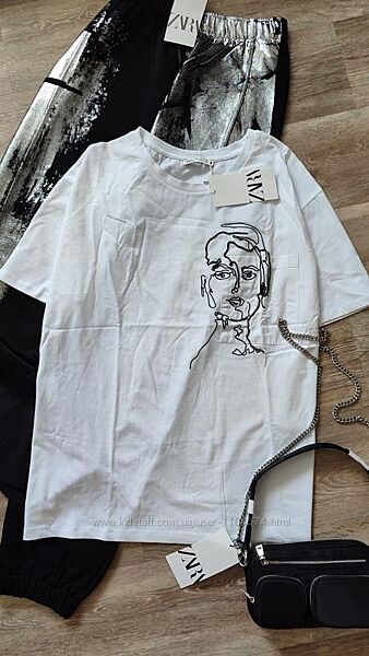 Біла базова футболка овер zara з вишивкою дівчина розмір l оригінал