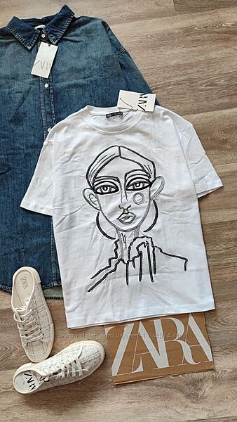 Біла футболка zara преміум якості з вишивкою портрет розмір m оригінал 