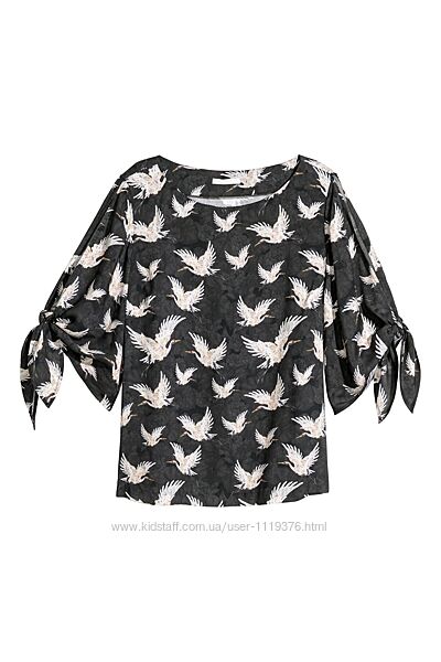 Блузка с завязками на рукавах принт птицы