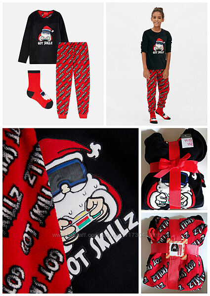 Теплая пижама на подарок с носками мальчику велсофт плюш Santa Primark